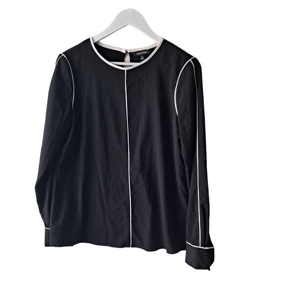 Ellen Tracy Black & White Trim Polyester Round Neck Long Sleeve Blouse - Size S - Picture 1 of 9